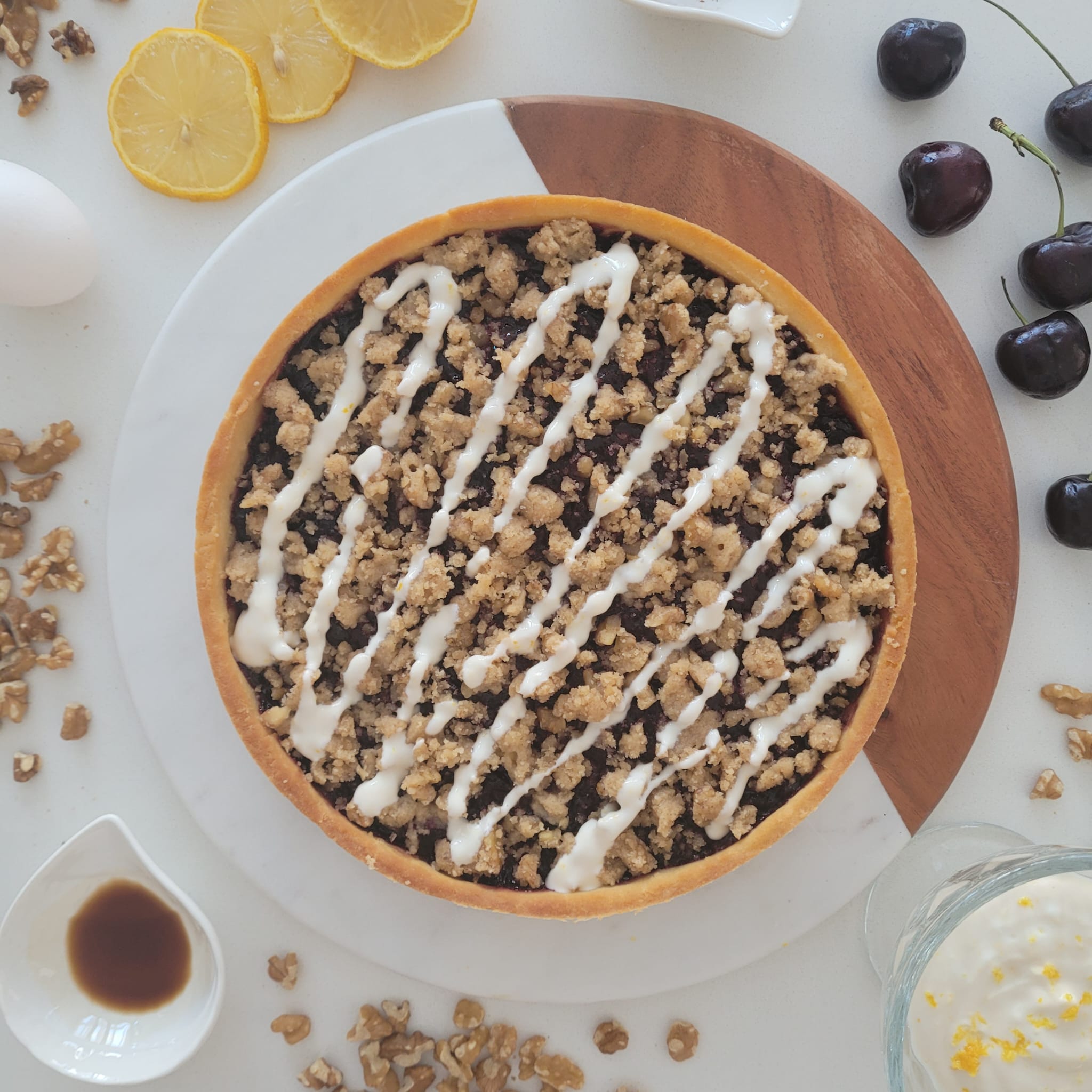 Low-Carb Cherry Tart with Sweetened Greek Yogurt Drizzle